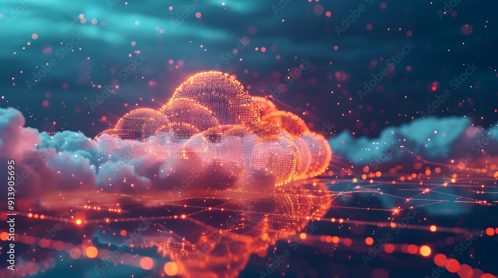Poster interconnected cloud network servers streaming digital data futuristic backdrop