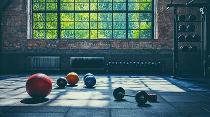 Range of fitness equipment like medicine balls, kettlebells, and a stability ball, all neatly displayed on gym flooring.