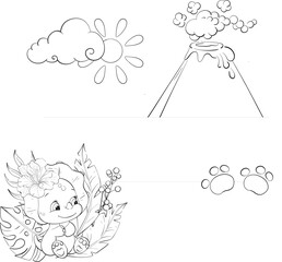 Vector template - baby dinosaur with palm, monstera leaves. Clipart for baby shower, nursery, decor, stickers, prints with historical animals. Jurassic period. Black silhouette for circuit