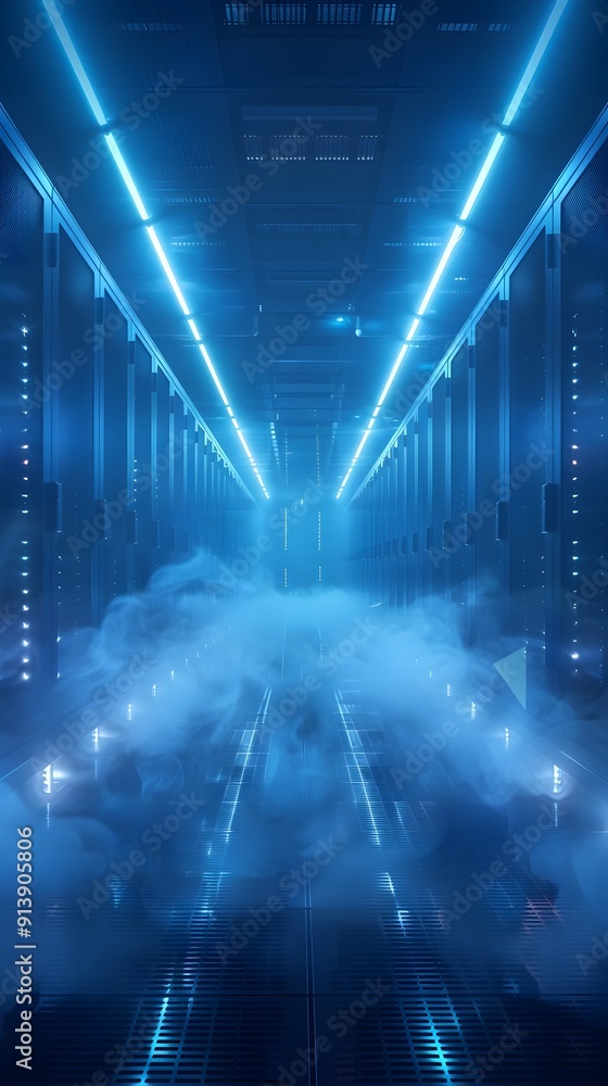 Poster futuristic server room with glowing blue lights representing cloud data centers and the concept of c