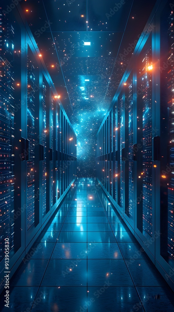 Aufkleber futuristic blue lit server room representing cloud data centers and advanced computing infrastructur