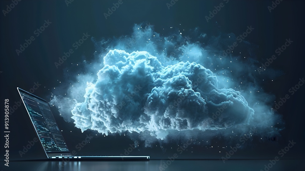 Poster cloud storage symbols emerging from laptop representing data synchronization and cloud computing con