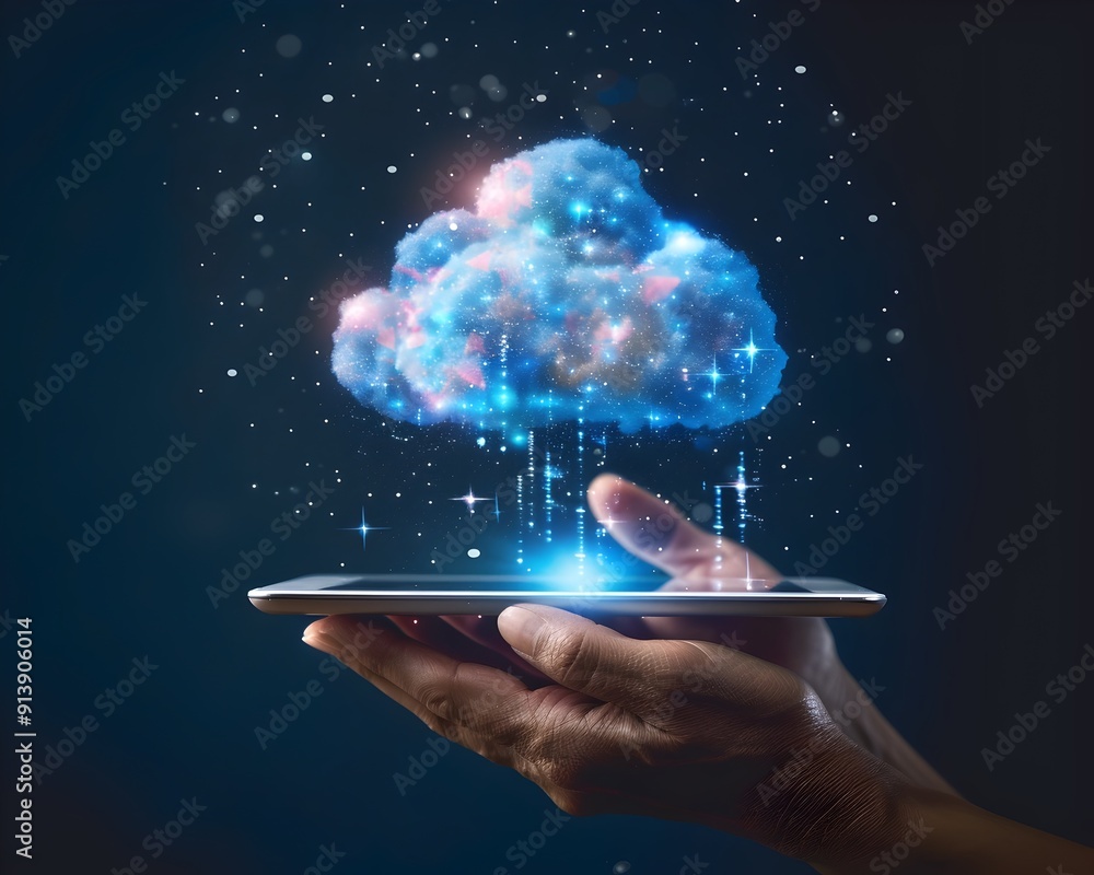 Poster hands holding tablet with floating cloud symbols showcasing cloud technology and computing concept