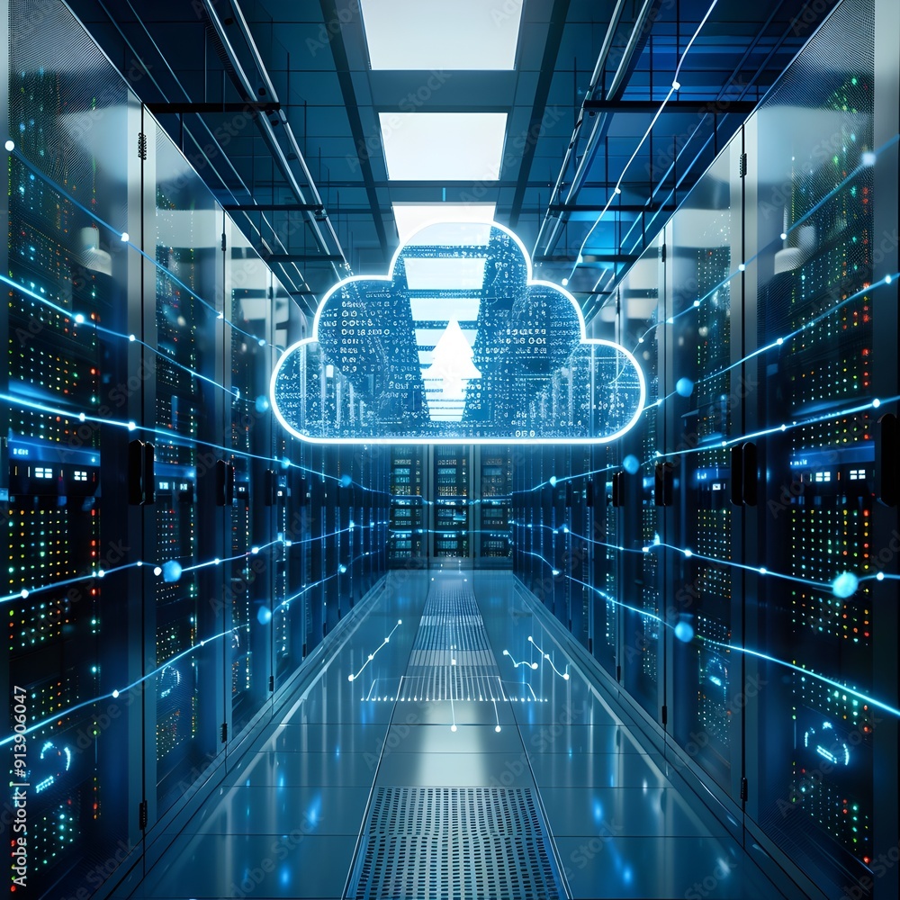 Poster futuristic cloud infrastructure with servers and digital connections showcasing computing concept