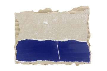 Blue piece of ripped paper edge cardboard texture isolated on white background.