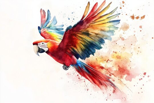 Colorful flying parrot in watercolor ink painting with vibrant splashes