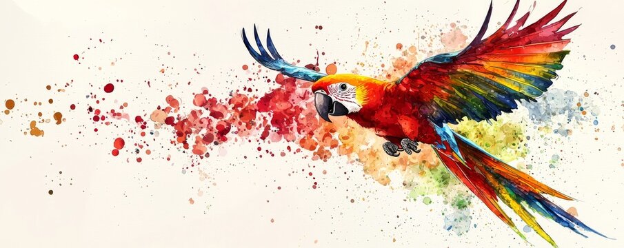 Colorful parrot flying with watercolor splashes on a white background