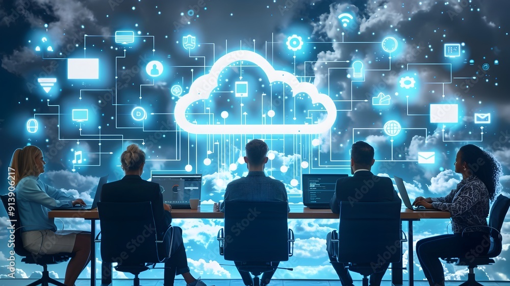 Poster business team collaborating on cloud based applications in a digital workplace