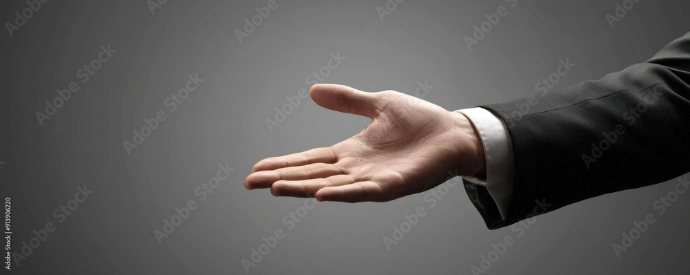 Poster a hand is extended in a handshake. concept of professionalism and trust. the man's hand is extended 