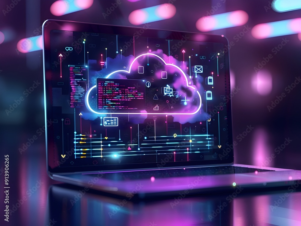 Poster futuristic cloud computing interface on laptop showing file synchronization and data management conc