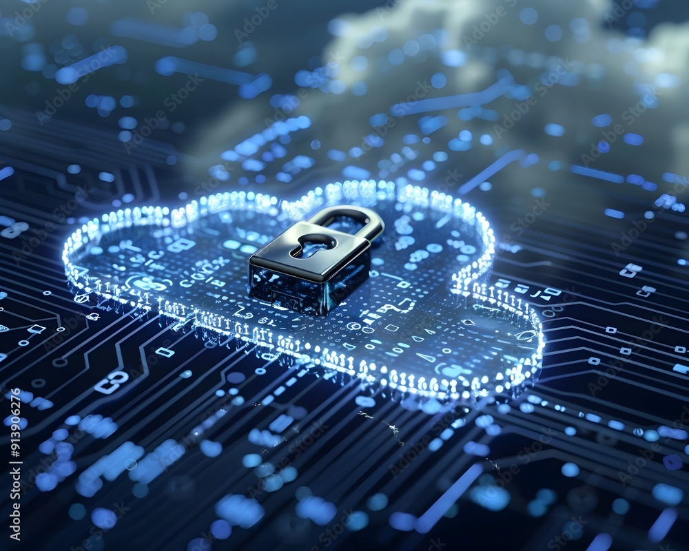 Poster encrypted cloud data storage and security concept with digital locks