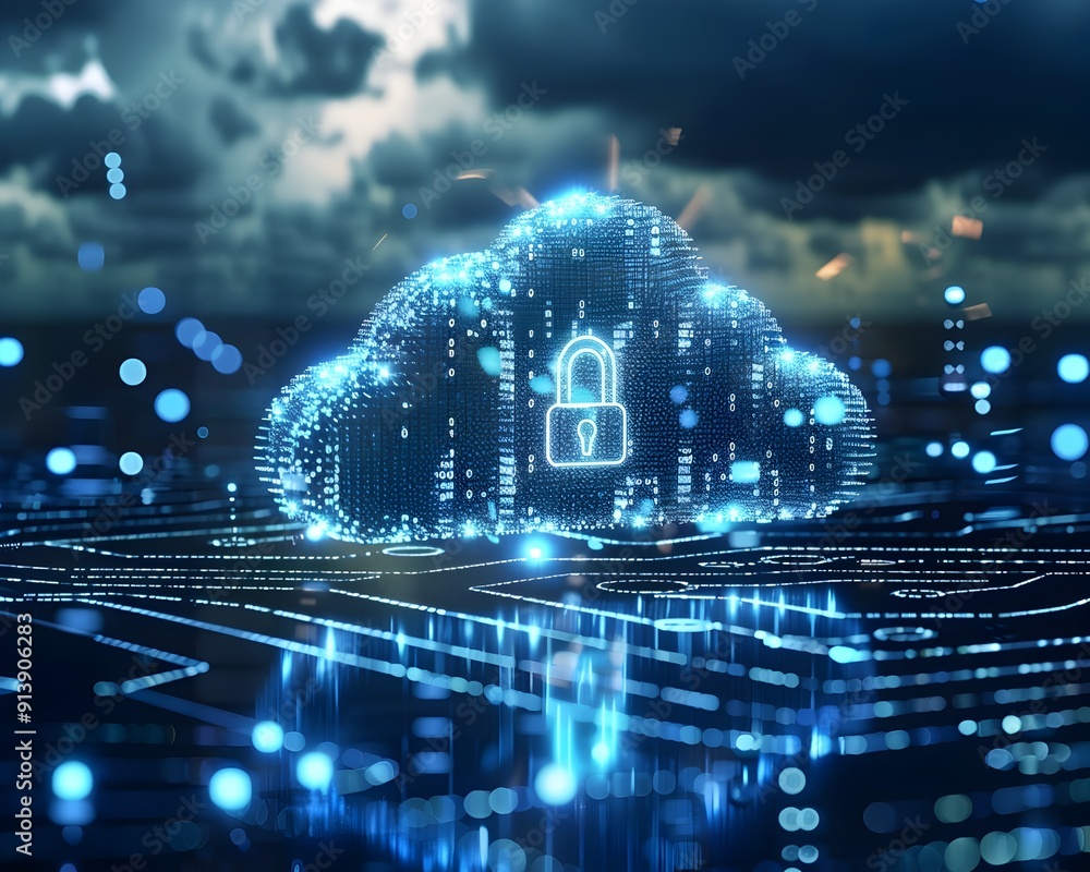 Poster encrypted digital cloud with security locks symbolizing secure data storage and cloud computing