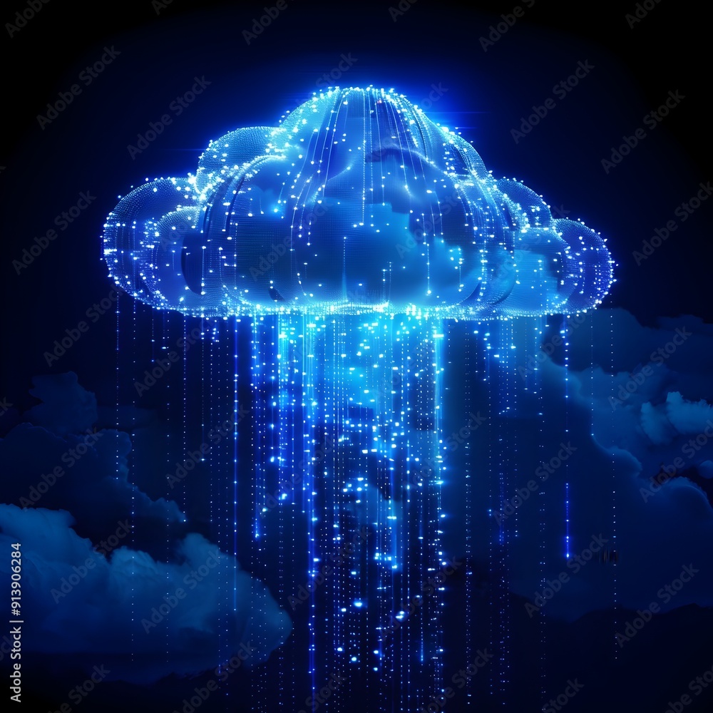 Poster futuristic digital data streams flowing into a cloud representing data and cloud computing concept