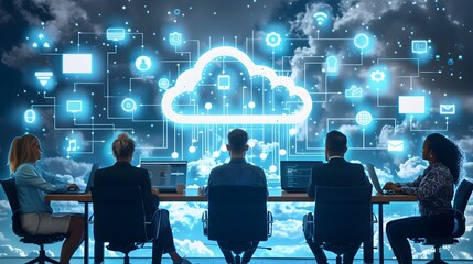 Business Team Collaborating on Cloud Based Applications in a Digital Workplace