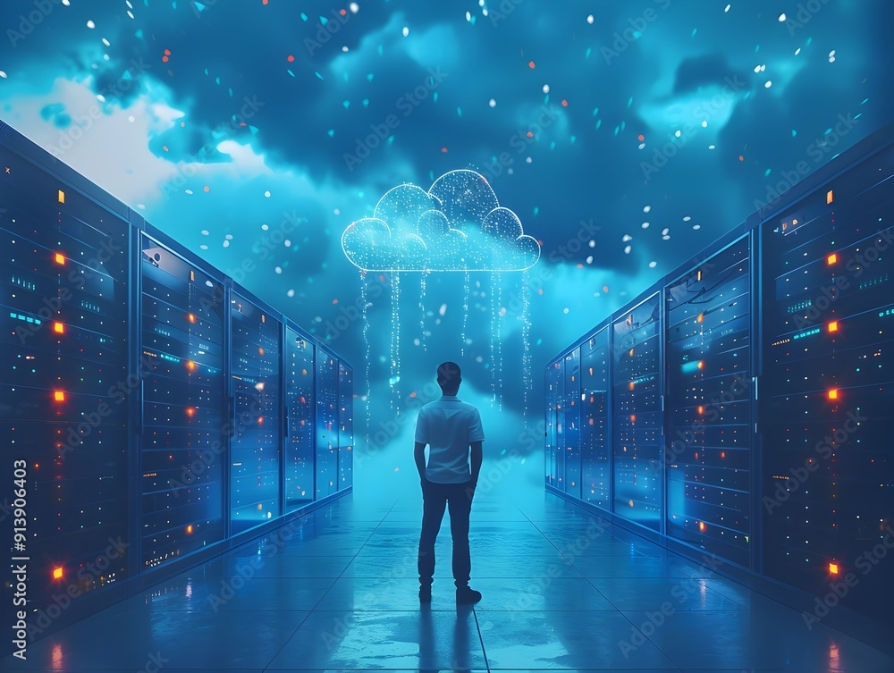 Poster it professional working in a futuristic cloud data center surrounded by glowing servers and digital 