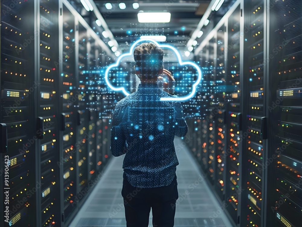 Poster it professional surrounded by cloud computing data center with servers and connectivity