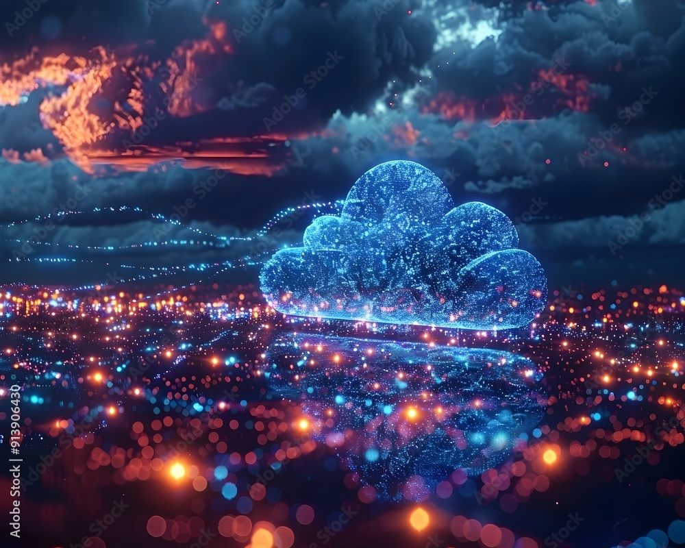 Poster glowing digital cloud with floating data particles in ethereal night skyscape