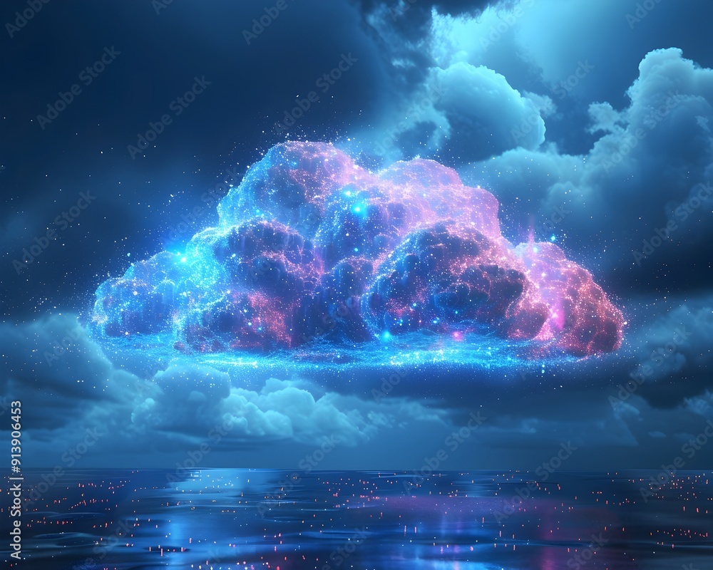 Poster dramatic glowing digital cloud computing data flow visualization