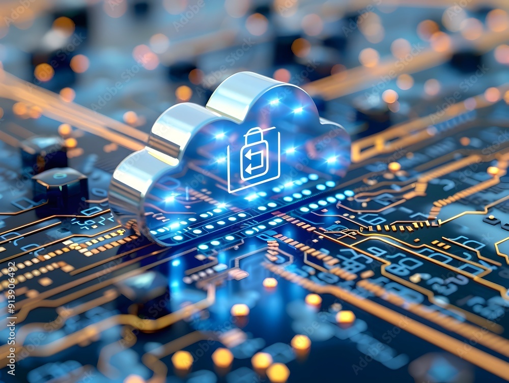 Poster secure digital cloud storage with encryption symbols for computing concept
