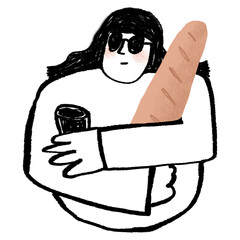 Woman hugging baguette png sticker, Parisian lifestyle doodle, transparent background