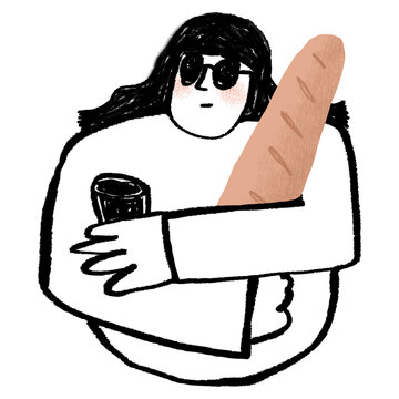 recommend clip art: Woman hugging baguette png sticker, Parisian lifestyle doodle, transparent background