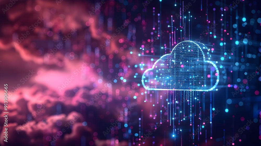 Poster floating cloud computing icons representing modern digital services and infrastructure