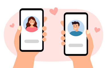 Couple in love texting. Male and female hand holding smartphones with text messages chat. Online dating app relationship.