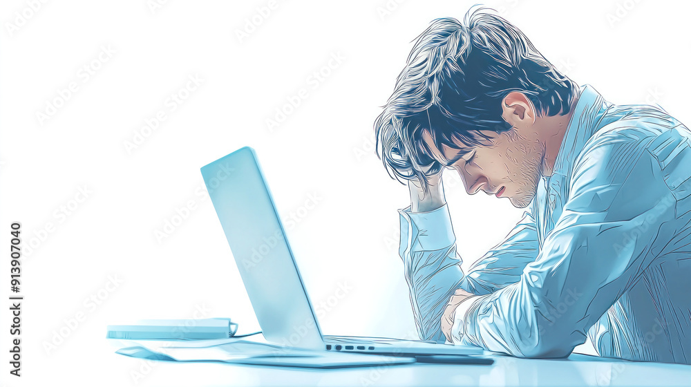 Poster a man is sitting at a desk with a laptop open in front of him. he is in a state of distress or frust