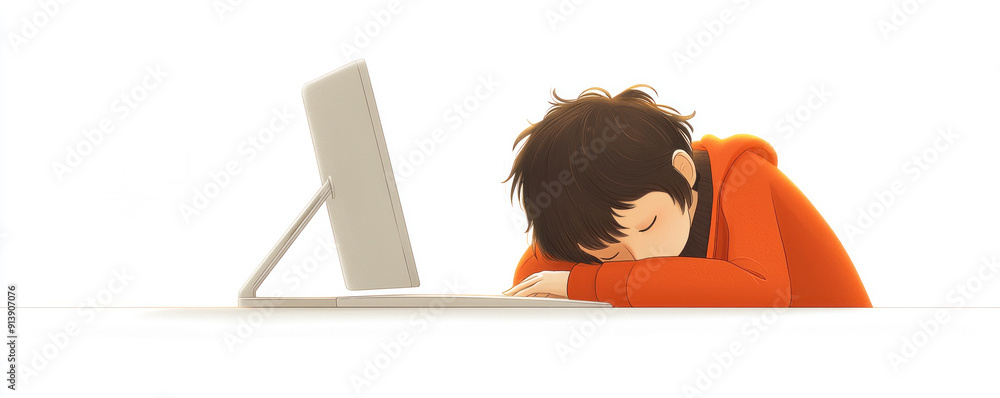 Poster a boy is sleeping on a desk with a computer monitor in front of him. concept of laziness and lack of