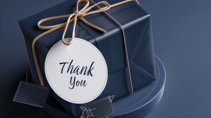 An elegant round sticker mockup with a minimalist "Thank You" script, attached to a navy blue gift box. The contrast highlights the sticker design.