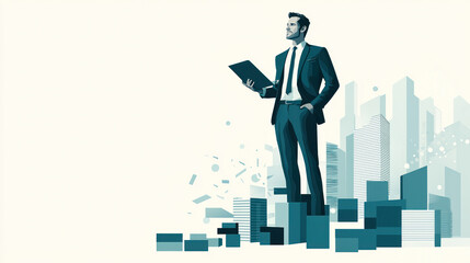 A man in a suit is standing in front of a cityscape with a laptop in his hand. Concept of professionalism and productivity, as the man is working or preparing for a meeting