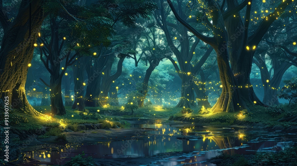 Poster an enchanted forest illuminated by fireflies, with ancient trees and a small brook reflecting the so