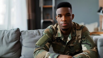 Fototapeta premium Confident Young Soldier Relaxing Home Camouflage Attire