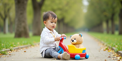 Toddler Playing with Toy Scooter and Teddy Bear in Park