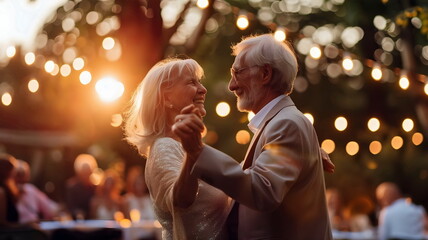 Elderly Couple Dancing Celebration Evening Lights Joyful Moment