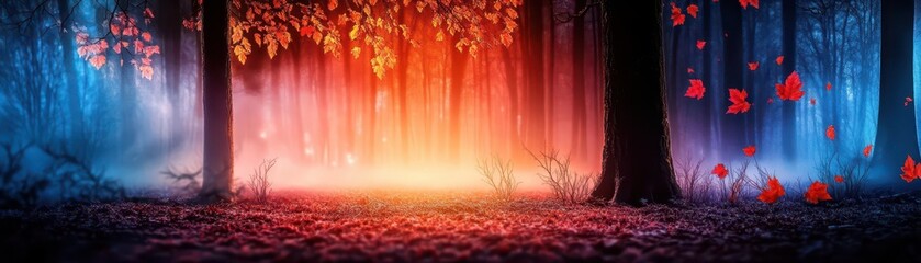 Fototapeta premium Spooky forest, vibrant colors, eerie scenes, wide shot, inviting