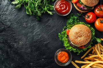 Fast food dish and health food on black stone background. Take away unhealthy set including burgers, sauces, french fries. Comparison with healthy nutrition, vegetables and fruits. Flyer for your , ai