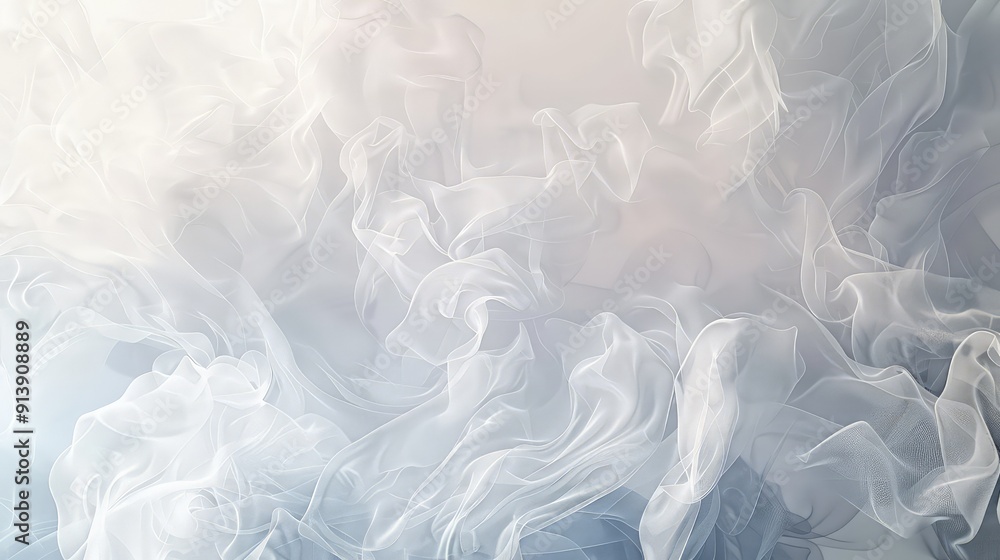 Poster an ethereal mix of floating, gossamer-like textures in soft white and light gray, designed with a cl