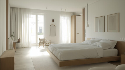 Fototapeta premium Contemporary bedroom design in a white and wood theme