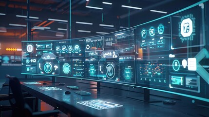 Naklejka premium An image of a digital command center monitoring customer interactions across multiple channels, with screens displaying various icons for communication modes. 