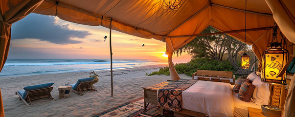 Luxurious tent overlooking sunset on tropical beach with ocean view