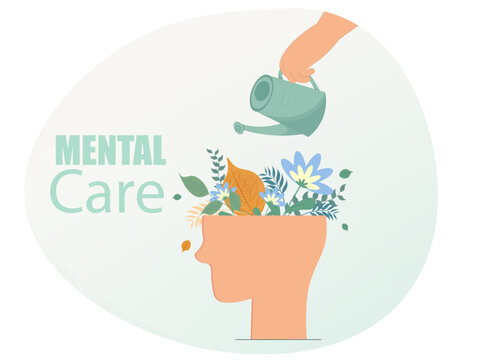 Human head with flowers, mental health support concept, emotional comfort, World Mental Health Day, positive thinking, flat vector illustration