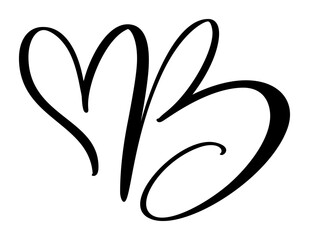 Vector Vintage heart letter monogram logo B. Love Calligraphy element Valentine flourish. Hand drawn sign for page decoration design illustration, wedding card, invitation