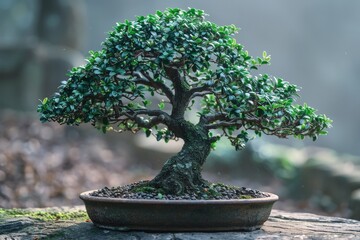 A bonsai tree shaped in the style, standing gracefully in an asymmetrical form