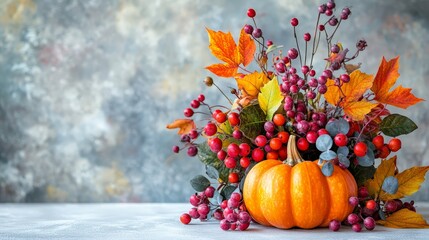 Festive Autumn Decor with Pumpkins, Berries, and Leaves