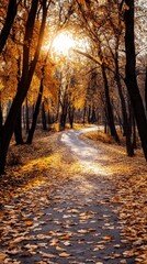 Fototapeta premium Autumn walk in park, vibrant colors, scenic routes, dynamic action, inviting