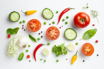 Creative layout made of summer vegetables. Food concept. Tomatoes, onion, cucumber, green peas, garlic, cabbage, chilly pepper, yellow pepper, salad leaves and radish on white background , ai