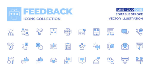 Feedback icons collection. Line Duotone style, editable stroke. customer behavior, feedback, rating, testing, shift, negative review, star, like, checklist, review, email, good feedback