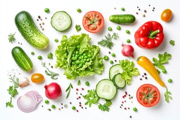 Creative layout made of summer vegetables. Food concept. Tomatoes, onion, cucumber, green peas, garlic, cabbage, chilly pepper, yellow pepper, salad leaves and radish on white background , ai