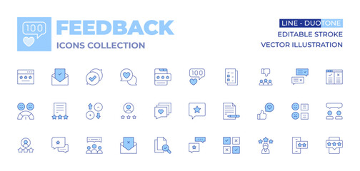 Feedback icons collection. Line Duotone style, editable stroke. love message, feedback, satisfaction, smartphone, document, rating, file, dislike, letter, likes, testimony, opinion, review